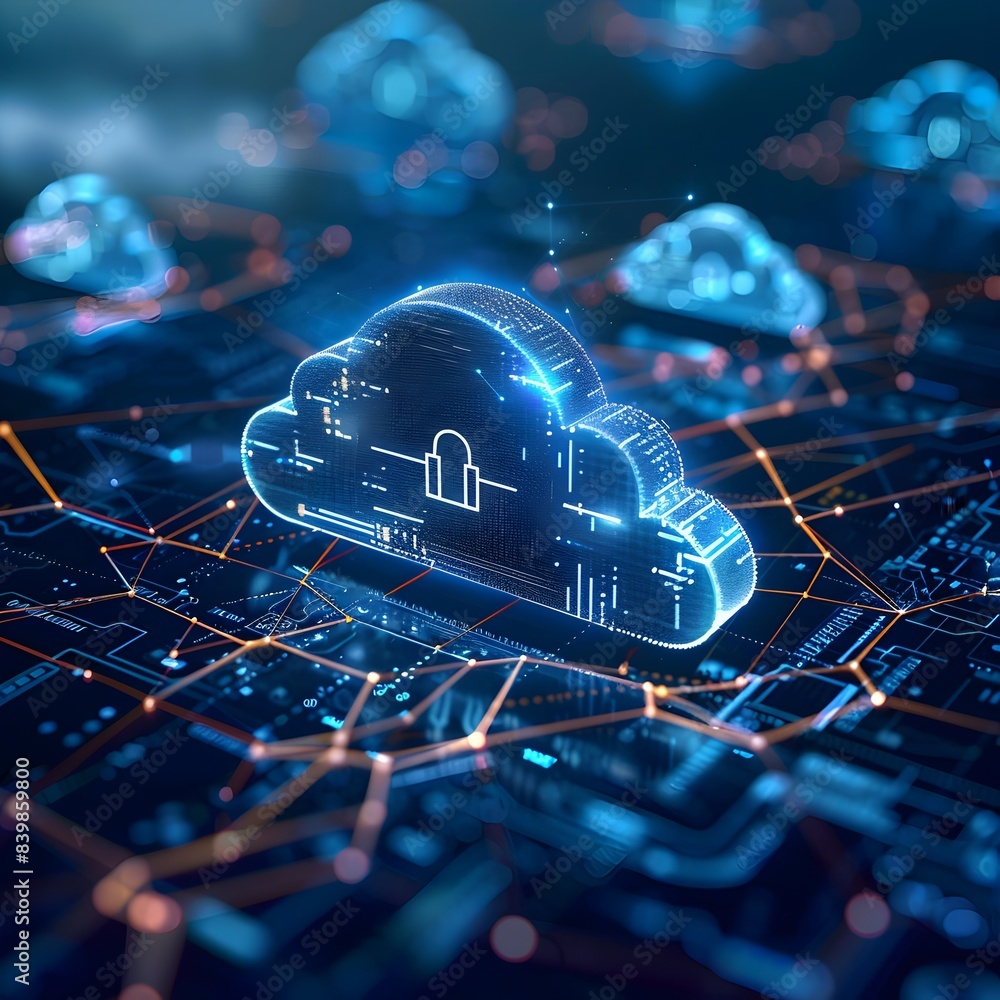 Poster cybersecurity cloud computing defenses with digital firewall visuals