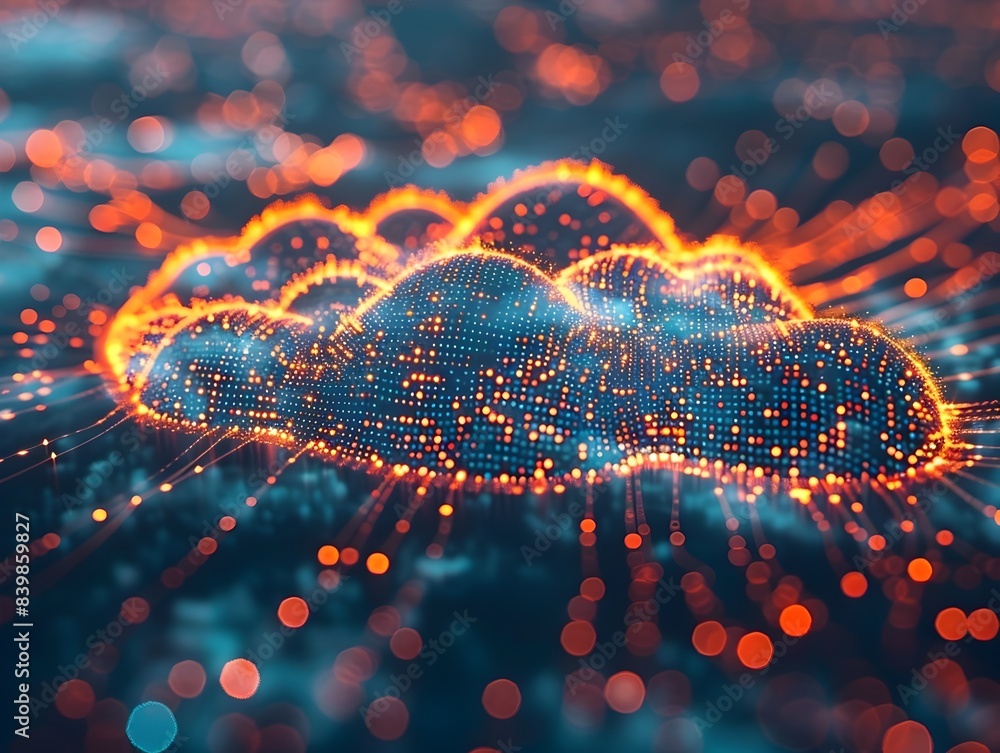 Poster abstract digital cloud computing concept with floating data islands and interconnected streams
