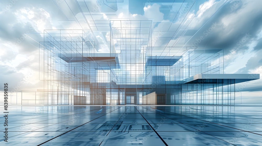 Poster futuristic architectural blueprint of a cloud computing facility with digital models and plans