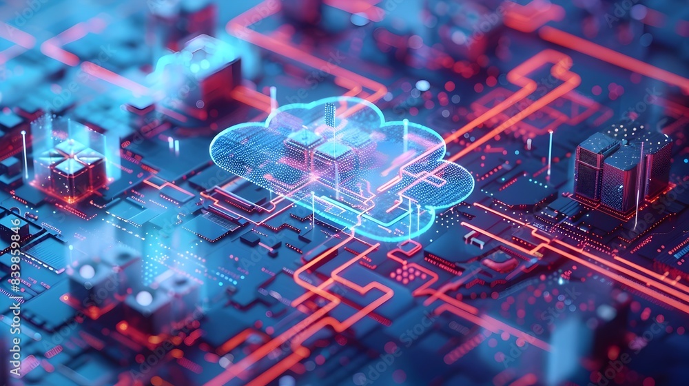 Poster architectural blueprint of a cutting edge cloud computing facility with digital models and plans