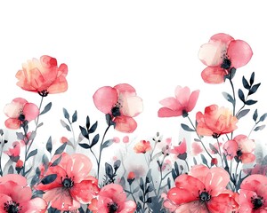 Minimalist summer flower border, watercolor style, pink and red florals, white background, elegant and simple, space for text, light and airy design