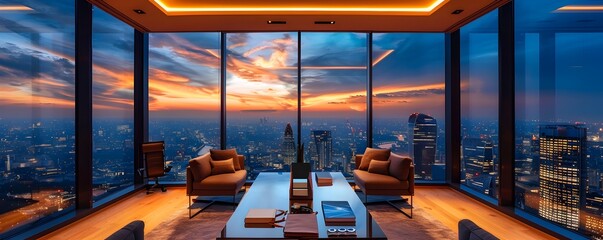 Corporate Cloud Computing Showcase in Luxury Penthouse Overlooking Vibrant City Skyline at Sunset