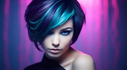 Vibrant hair color and dramatic makeup