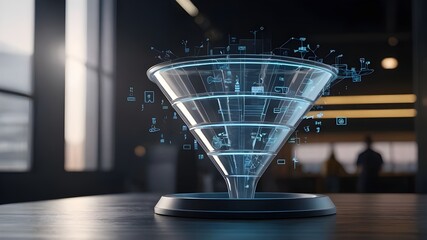 3D model of a sales funnel for use in marketing materials that highlight how AI technology may lead to successful business expansion. Idea of AI technology, business expansion, and augmented reality