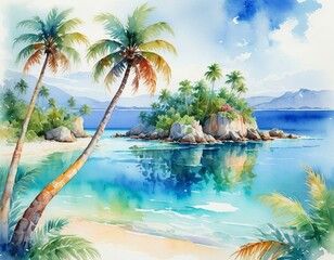 Naklejka premium Watercolor illustration of a tropical island with palm trees and crystal-clear waters. 