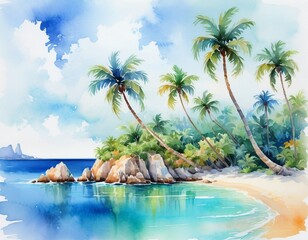 Watercolor illustration of a tropical island with palm trees and crystal-clear waters.
