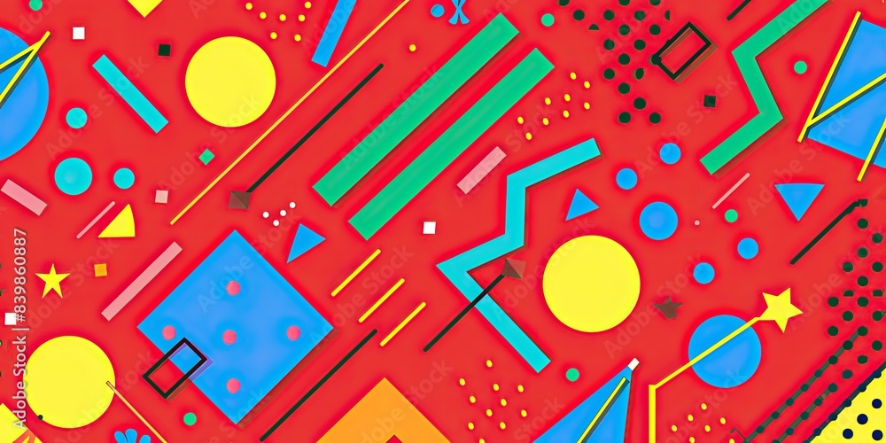 Poster a red background with colorful geometric shapes and lines in the style of 80s pop culture, featuring