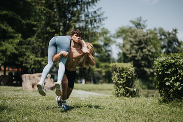 A strong man exercises in a park by carrying his friend on his shoulder, showcasing strength and...
