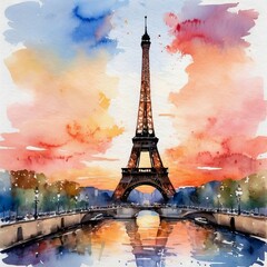 Watercolor painting of a famous landmark, such as the Eiffel Tower, at sunset
