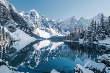 Fototapeta premium Majestic snow-capped mountains reflecting in a serene alpine lake