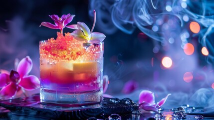 Vibrant tropical cocktail with flowers and steam