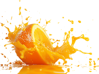 Close-up of a sliced orange splashing juice. Refreshing citrus fruit image with vibrant colors and dynamic motion.