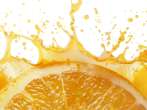 Close-up of a juicy orange slice with vibrant splash of fresh orange juice, capturing the essence of citrus freshness and vitamin C.