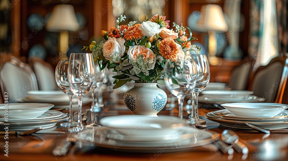 Wall mural Detailed view of a dining room with a set table and a vase of flowers.