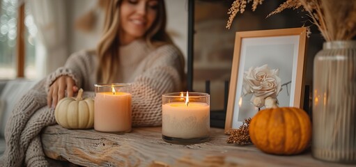 Fototapeta premium Detailed view of a fireplace mantel decorated with candles and framed photos.