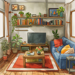 Cozy and organized living space with bookshelves