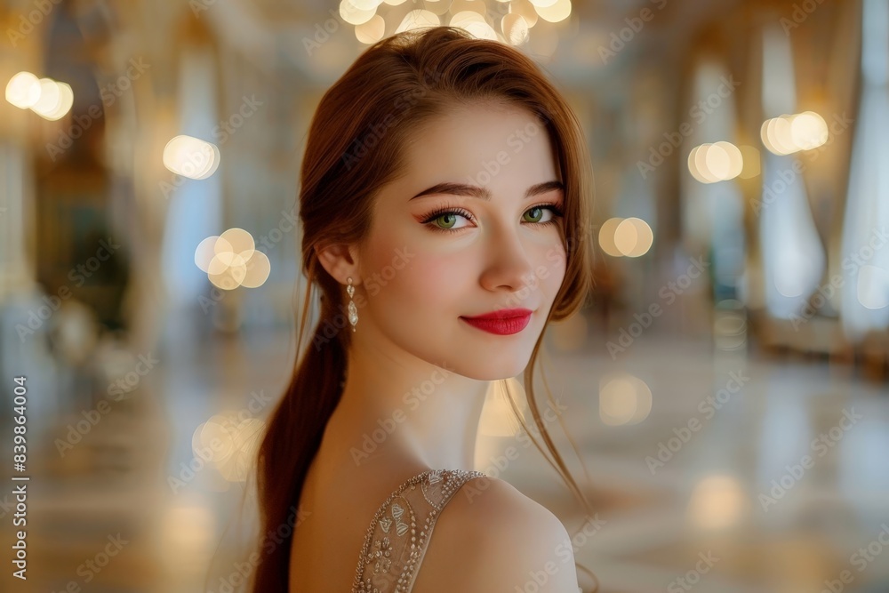 Sticker beautiful woman with red lips and green eyes