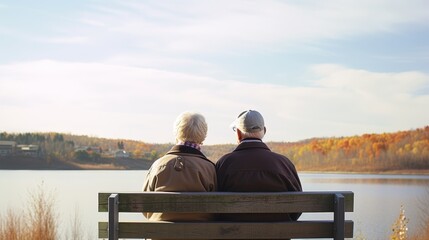 A couple of older people are sitting on a bench by a lake. The scene is peaceful and serene, with the couple enjoying each other's company and the beautiful view of the water