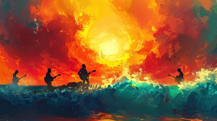 Fototapeta premium Captivating Melodies: Sunset Beach Concert Wallpaper for World Music Day