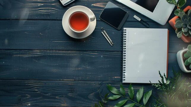 blank notepad with tea  frame in dark wooden background