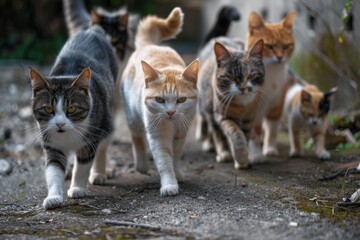 Four cats walking together toward like a gangster walk in movie.