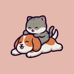 Cute Cat and Dog Playing Together Vector Illustration