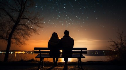 Obraz premium A couple is sitting on a bench under a starry sky. Scene is romantic and peaceful