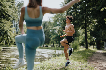 Two young athletes engage in high-knee running exercises in a lush park, showcasing fitness and healthy lifestyle.