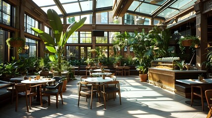Sunlit Greenhouse Style Cafe with Communal Seating and Lush Greenery