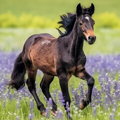 Obraz premium Beautiful black horse running through a field of purple flowers