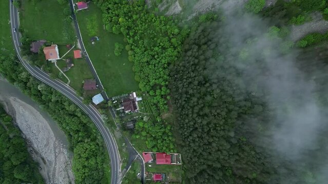 Top View Of Mountain Road And Village In Lepsa, Vrancea County, Romania. Aerial Shot