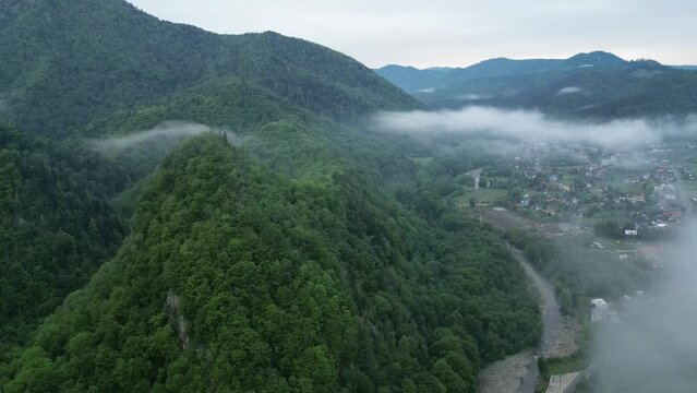 Valleys And Clouds Over Countryside Village In Lepsa, Vrancea County, Romania. Aerial Drone Shot