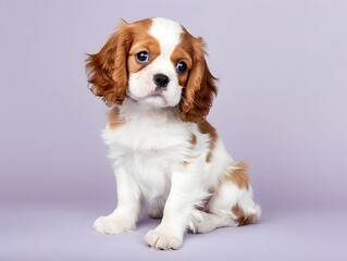 Cute Cavalier King Charles Spaniel Puppy Sitting on Lavender Background with Clear Space