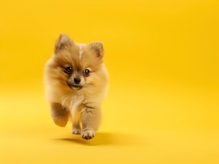 Adorable Pomeranian Puppy Walking on Vibrant Yellow Background