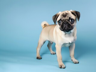Obraz premium Adorable Pug Puppy Standing on Plain Blue Background with Clear Space