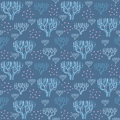 Cute marine seamless pattern in flat design. Illustration of sea plant and coral.