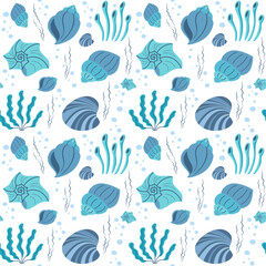Cute marine seamless pattern with seashells in cartoon design. Flat vector illustration.