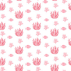 Cute marine seamless pattern in flat design. Illustration of sea plant and coral.

