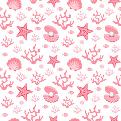 Cute marine seamless pattern in flat design. Illustration of coral, starfish, shells with pearls on a white background.
