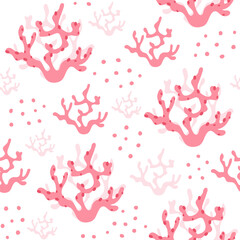 Cute marine seamless pattern in flat design. Illustration of sea plant and coral.
