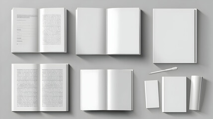 Vector white book mockup set - cover, spread, spine Realistic blank book in hardcover in different angles Top view Applicable for design presentation