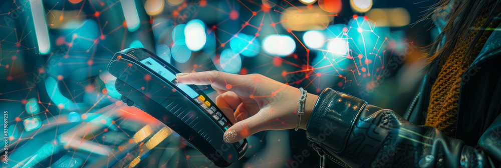 Poster person using smartphone with glowing network effect - a hand using a smartphone with visual effects 