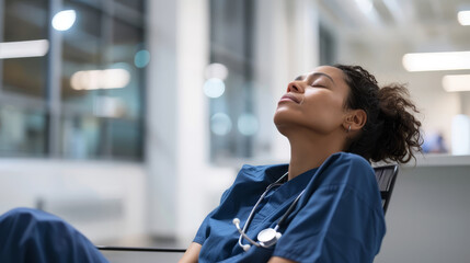 Tired healthcare worker in blue scrubs - A healthcare professional takes a rest in a chair, portraying exhaustion or a break after a hectic schedule