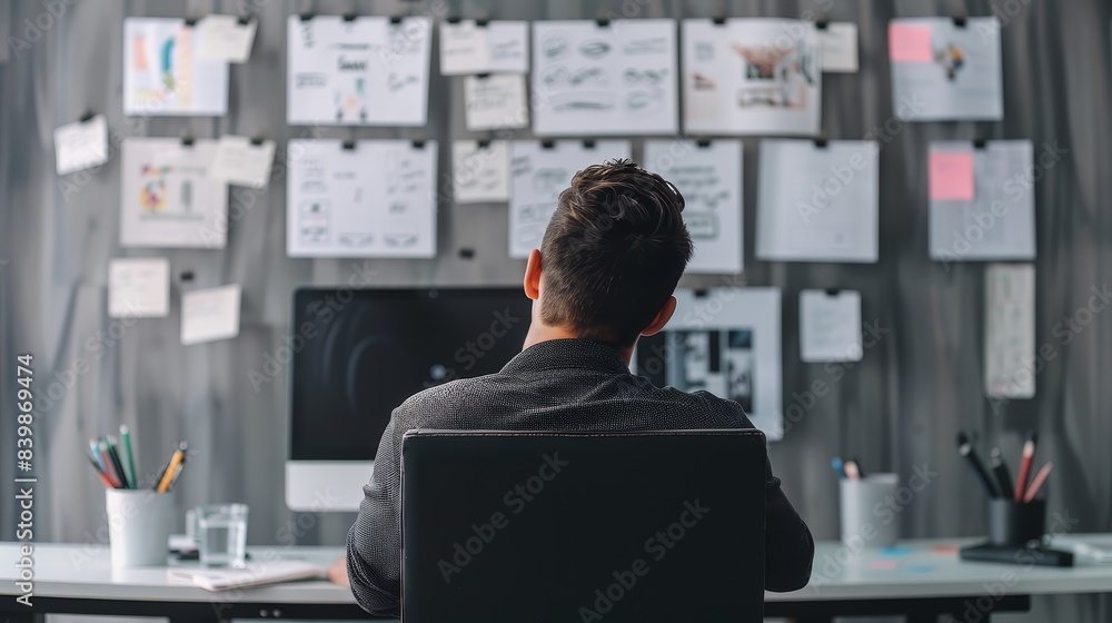 Poster man working in a modern office space - a professional male working at his desk with multiple design 