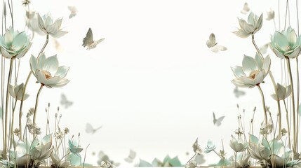 Fototapeta premium Serene lotus flowers with butterflies panorama - A tranquil scene of lotus flowers in bloom, adorned with graceful butterflies