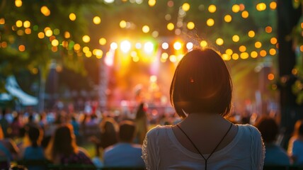 Woman enjoying outdoor concert under string lights at sunset