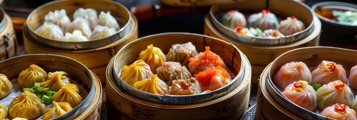 Dim sum in bamboo steamers on a table - An array of delicious dim sum delicacies served in traditional bamboo steamers