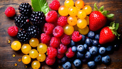 A rustic wooden table with a bright display of freshly picked berries, all sparkling with dewdrops