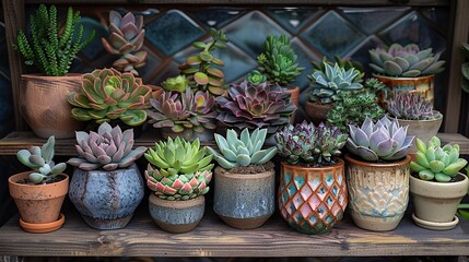 Fototapeta premium A cluster of succulents on a geometric shelf.