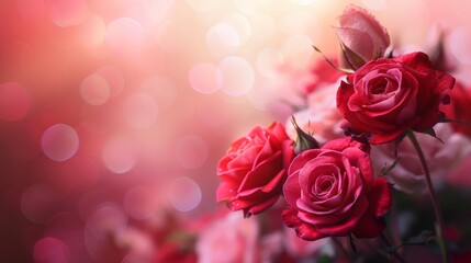 A red rose is the main focus of the image, with a blurry background and a pinkish-red hue. The rose is the center of attention